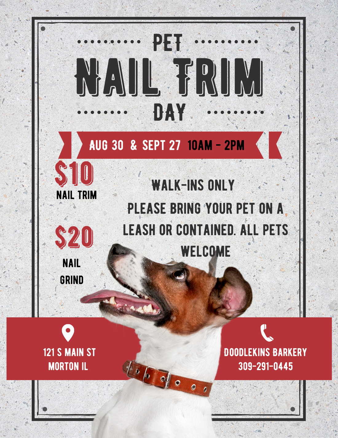 Nail Trim Day!  Aug 30 & Sept 27 10am-2pm  WALK-IN ONLY!   TRIM $10    W/ GRIND $20