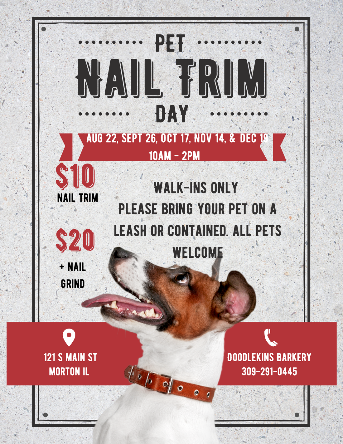 Nail Trim Day! Sept 26, Oct 17, Nov 14, and Dec 19 10am-2pm  WALK-IN ONLY!   TRIM $10    W/ GRIND $20