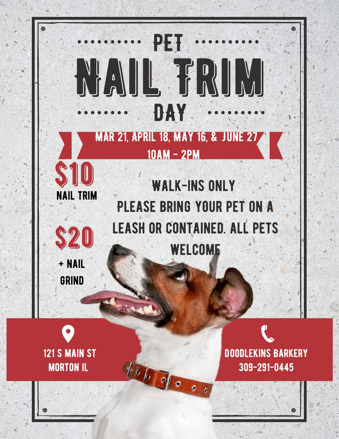 Nail Trim Day! March 21, April 18, May 16, and June 27 10am-2pm  WALK-IN ONLY!   TRIM $10    W/ GRIND $20