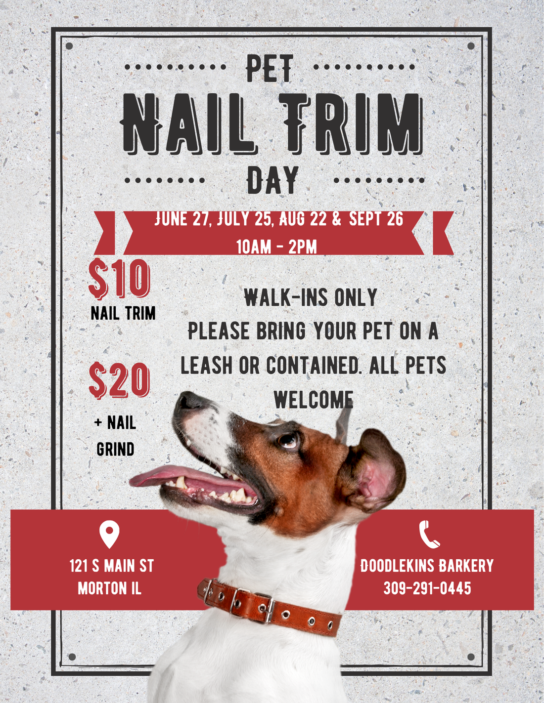 Nail Trim Day! June 27 10am-2pm  WALK-IN ONLY!   TRIM $10    W/ GRIND $20