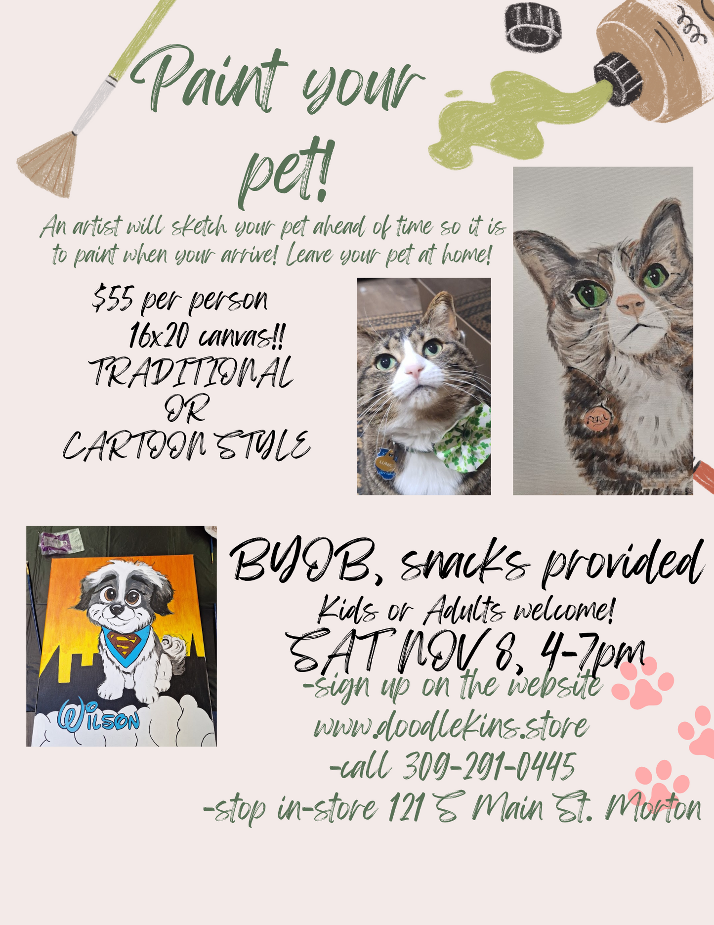 Paint Your Pup Party Realistic or Cartoon! - Side by side with a trained artist- Sat Nov 8 4-7pm