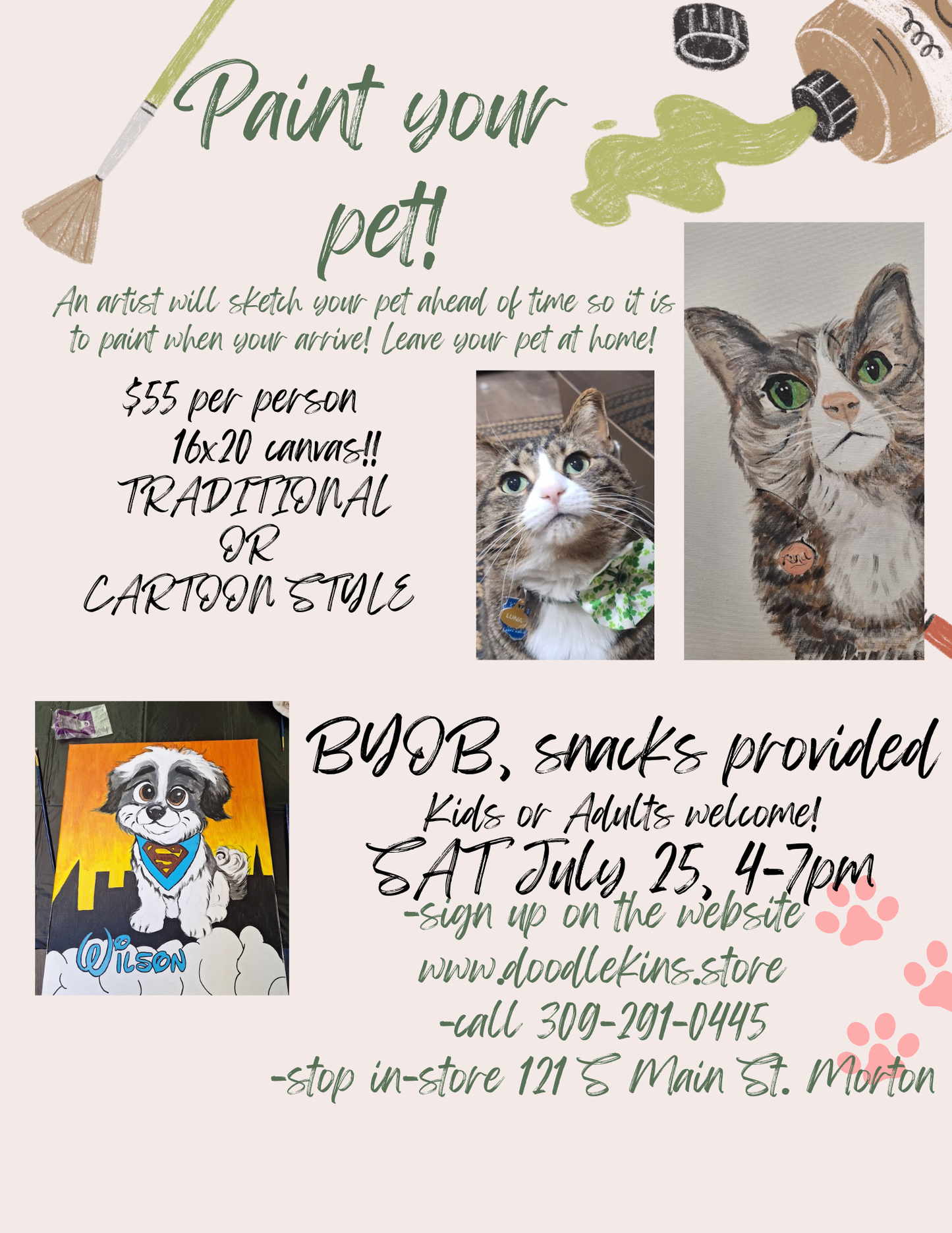 Paint Your Pup Party Realistic or Cartoon! - Side by side with a trained artist- Sat July 25,4-7pm
