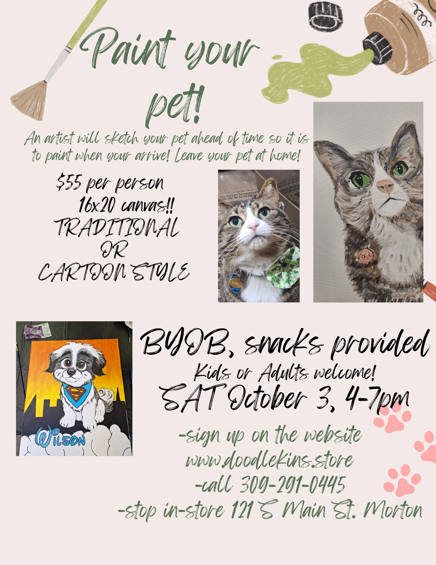 Paint Your Pup Party Realistic or Cartoon! - Side by side with a trained artist- Sat October 3rd, 4-7pm