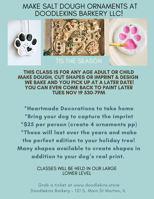 Dog Imprint Salt Dough Ornament Making Class - All Ages! Nov 19 530-7pm   $25